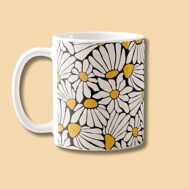 Modern block print yellow black floral coffee mug (Retro floral daisy dream coffee mug)