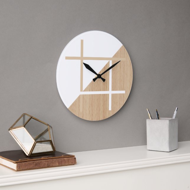 Modern Block Stripes Pattern On Faux Wooden Large Clock (Office)