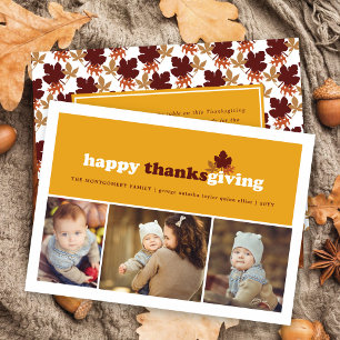 Modern Blocks Fall Leaves Thanksgiving 3 Photo Holiday Card