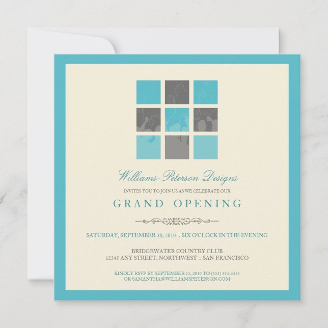 Modern Blocks Grand Opening Invitation (aqua) (Front)