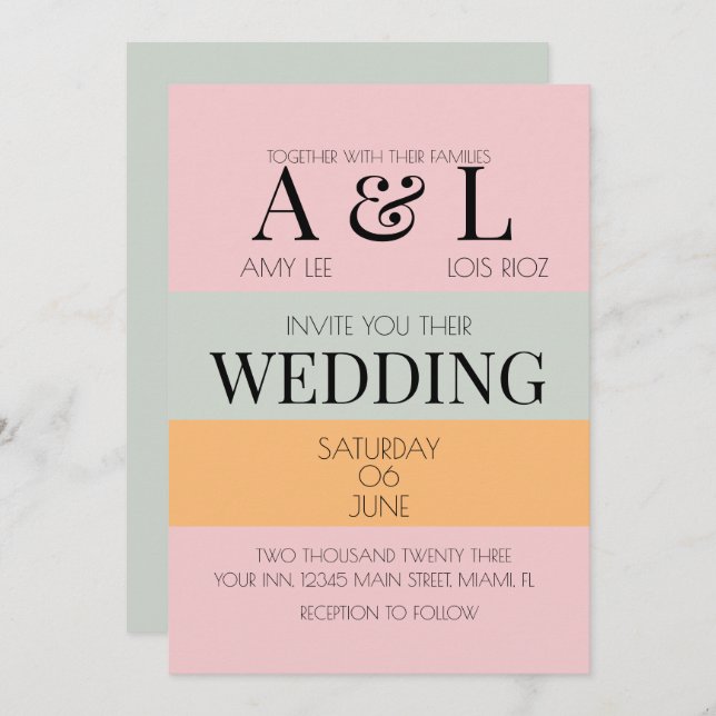 Modern Blocks Pink Mint Bright and Bold Wedding Invitation (Front/Back)