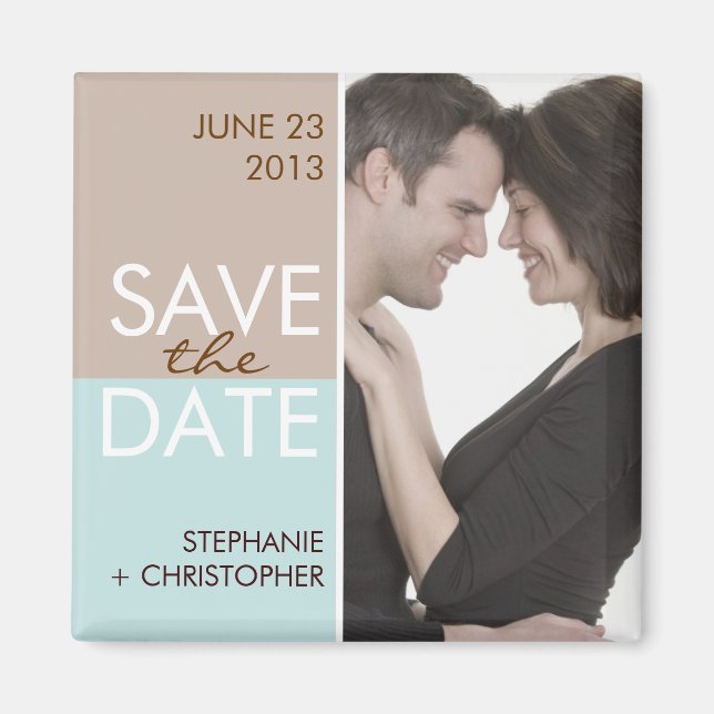 Modern Blocks Save the Date Brown & Teal Magnet (Front)