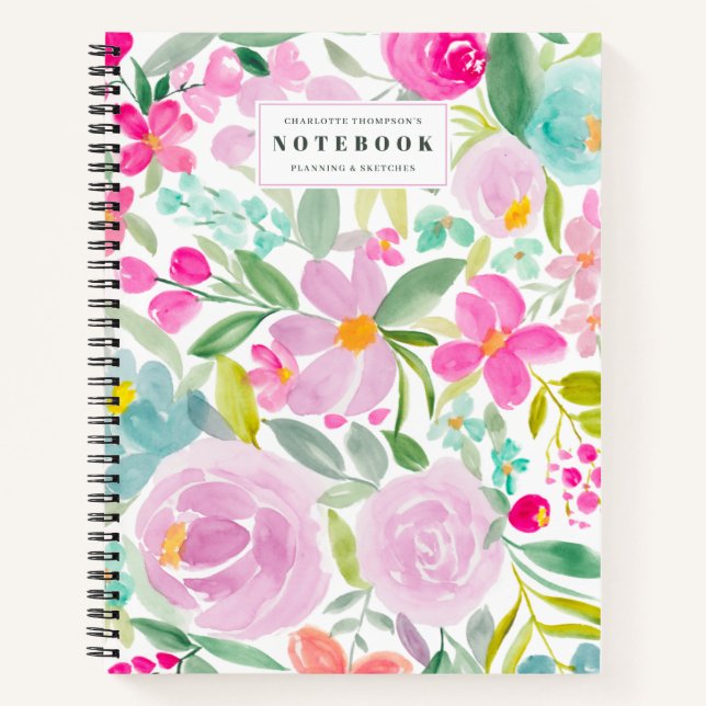 modern bloom girly pastel floral watercolor name notebook (Front)