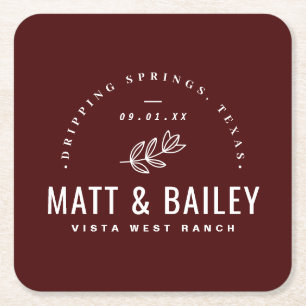 Modern Bloom Wedding Monogram   Burgundy Square Paper Coaster