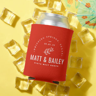 Modern Bloom Wedding Monogram   Red Can Cooler