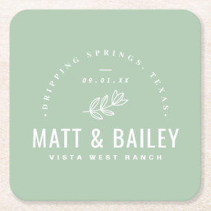 Modern Bloom Wedding Monogram   Sage Square Paper Coaster