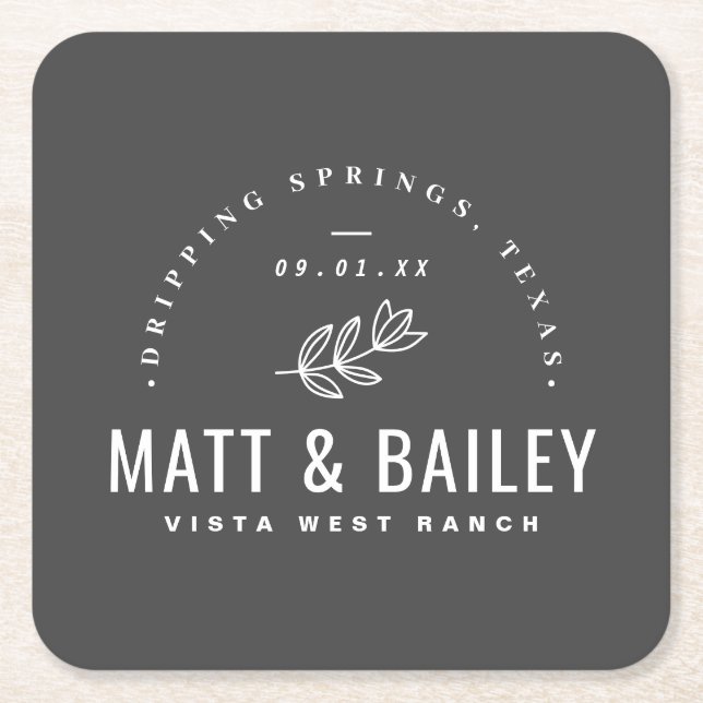 Modern Bloom Wedding Monogram Square Paper Coaster (Front)