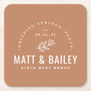Modern Bloom Wedding Monogram Terra Cotta Square Paper Coaster