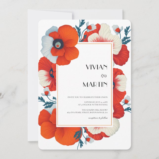 Modern Blooms Bright Red Floral Qr code Wedding Invitation (Front)