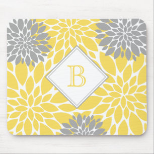 Modern Blooms,   Initial Monogram, Yellow Grey Mouse Pad