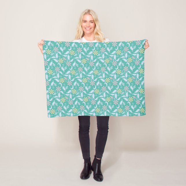 Modern Blossoms Floral in Aqua Fleece Blanket (In Situ)