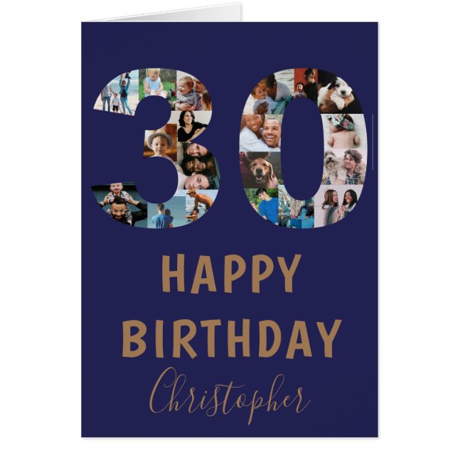 Modern Blue 30th Happy Birthday Photo Collage (Front)