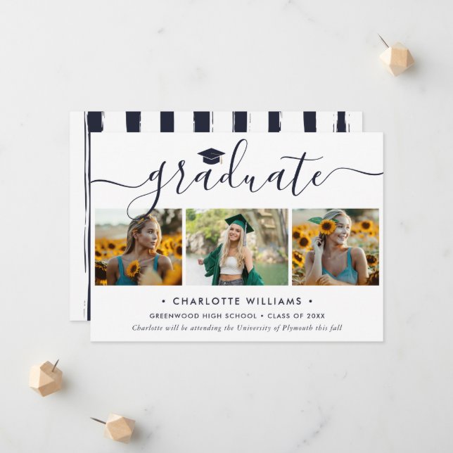 Modern Blue 3 Photo Collage Script Graduation Announcement (Front/Back In Situ)