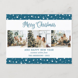 Modern Blue 3 Photo Collage Stars Holiday Postcard