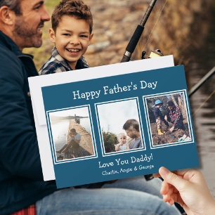 Modern Blue 3 Photo Happy Father's Day Holiday Card