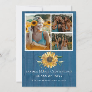 Modern Blue 4 Photo Collage Sunflower graduation Announcement