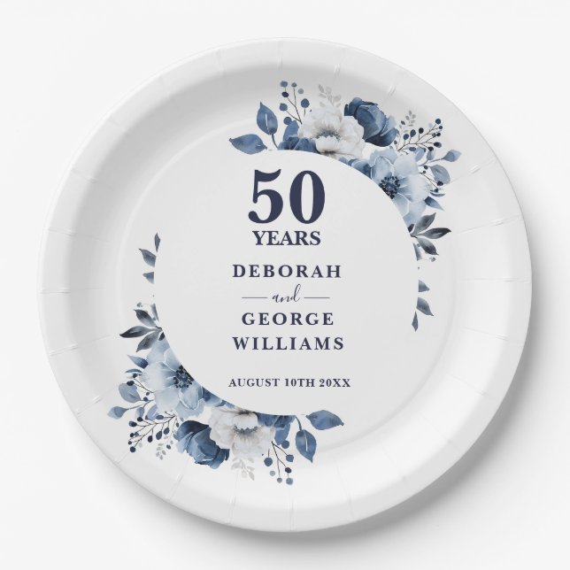 Modern Blue 50th Wedding Anniversary Greenery  Paper Plate (Front)