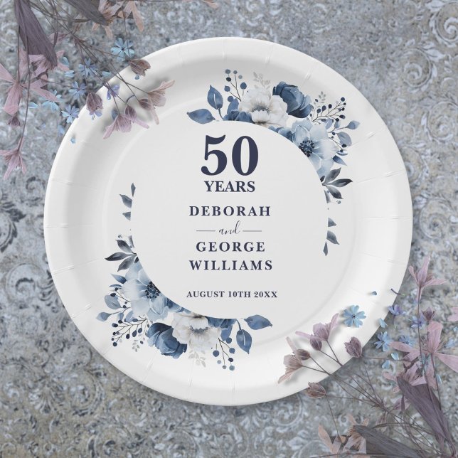 Modern Blue 50th Wedding Anniversary Greenery  Paper Plate (Modern Blue 50th Wedding Anniversary Greenery Paper Plates)