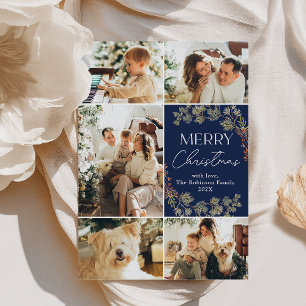 Modern Blue 5 Photo Collage Merry Christmas Card