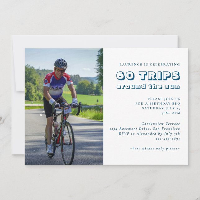 Modern Blue 60th Birthday Photo  Invitation (Front)