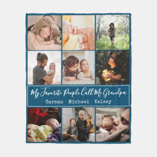 Modern Blue 9 Photo Collage for Grandpa Fleece Blanket