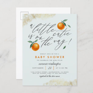 Modern Blue A Little Cutie Orange Baby Shower Invitation Postcard