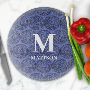 Modern Blue Abstract Floral Monogram Cutting Board