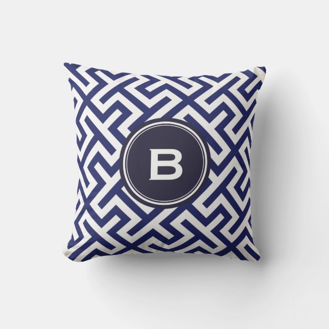 Modern blue abstract geometric patterns monogram cushion (Front)