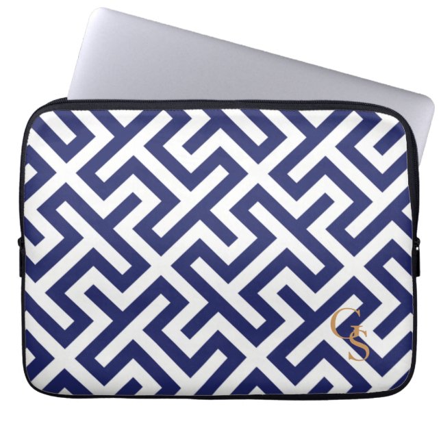 Modern blue abstract geometric patterns monogram laptop sleeve (Front)