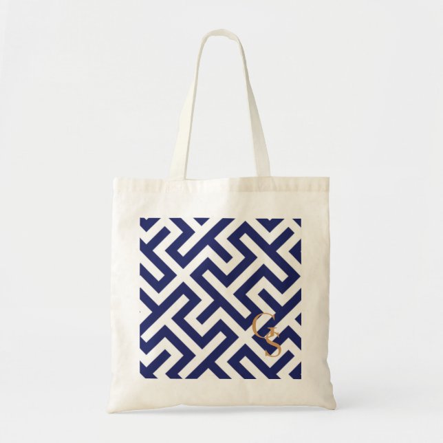 Modern blue abstract geometric patterns monogram tote bag (Front)