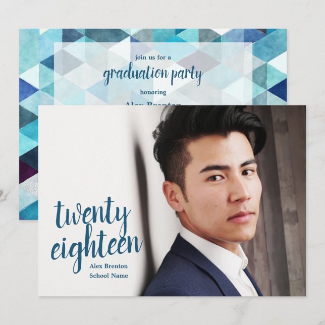 Modern Blue Abstract Graduate Photo Invitations (Front/Back)