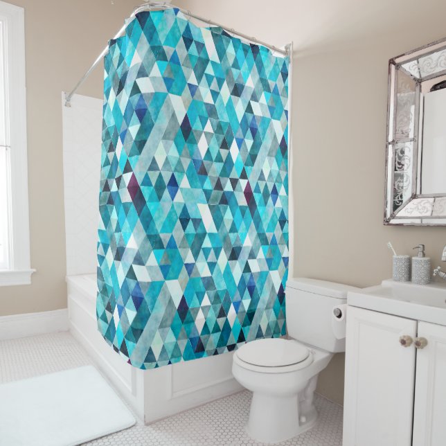 Modern Blue Abstract Pattern Shower Curtain (In Situ)