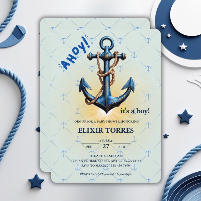 Modern Blue Ahoy! Anchor Nautical Baby Shower Invitation (Creator Uploaded)