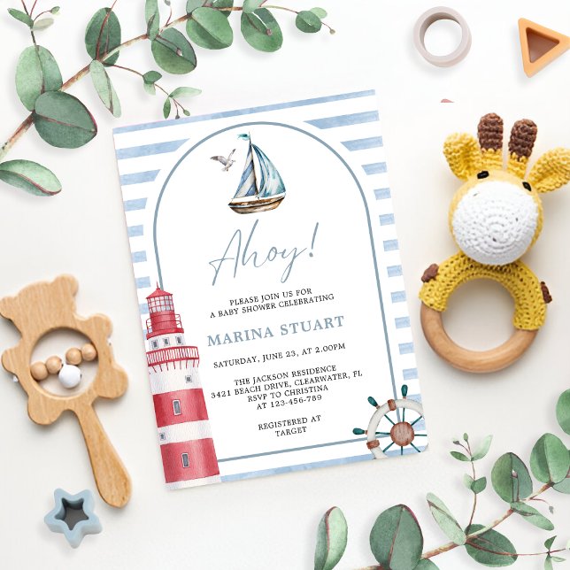 Modern Blue Ahoy Nautical Baby Shower Invitation (Creator Uploaded)