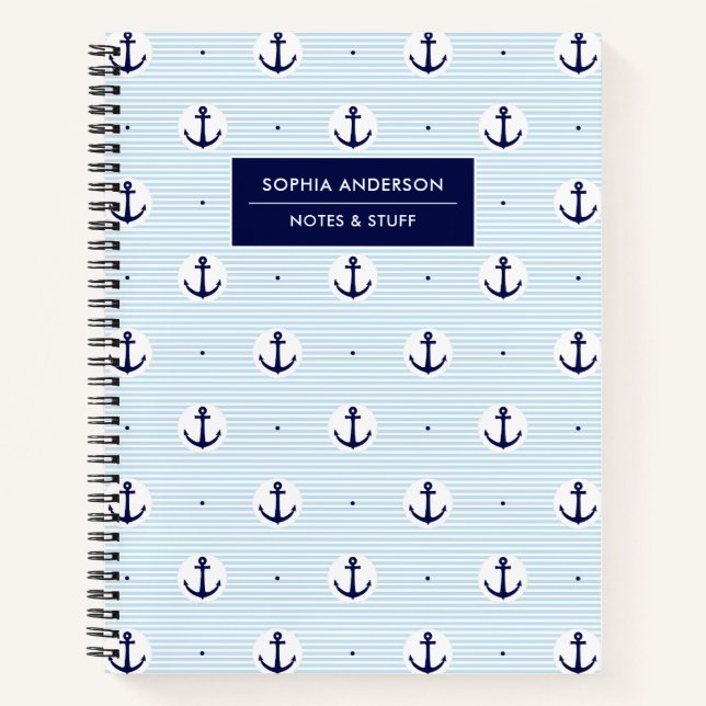 Modern Blue Anchors & Stripes Personalised Name Notebook (Front)