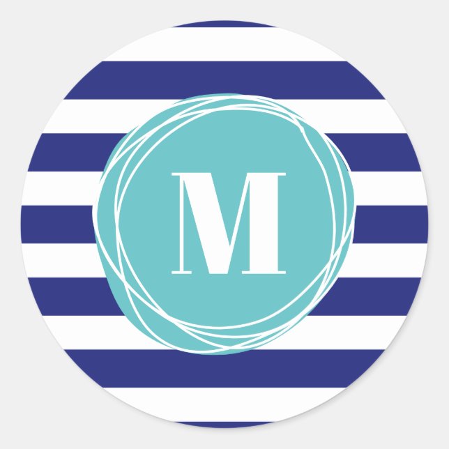 Modern Blue And Aqua Stripes Monogram Classic Round Sticker (Front)