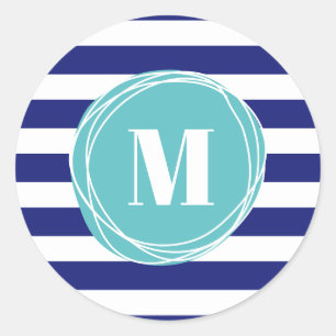 Modern Blue And Aqua Stripes Monogram Classic Round Sticker