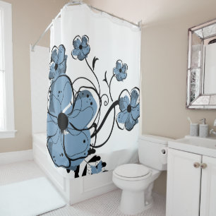 Modern  Blue and Black Flowers Shower Curtain