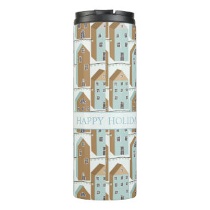 Modern Blue and Brown City Houses "Happy Holidays" Thermal Tumbler