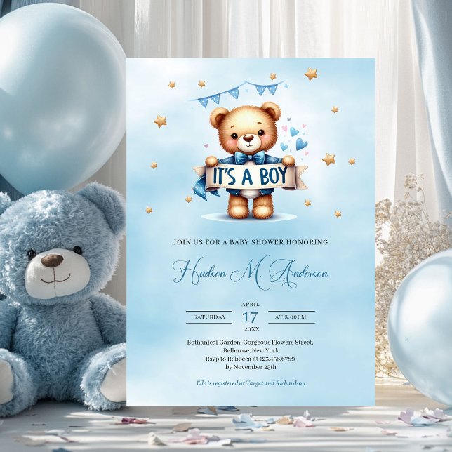 Modern blue and brown teddy bear it's a boy invitation (cute teddy bear holding ribbon it's a boy baby shower invitation)