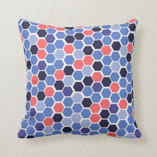 Modern blue and coral honeycomb pattern cushion