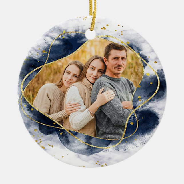 Modern Blue and Gold 2021 Photo Christmas  Ceramic Tree Decoration (Front)