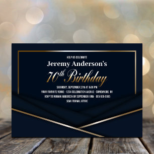 Modern Blue and Gold 70th Birthday Party Invitation