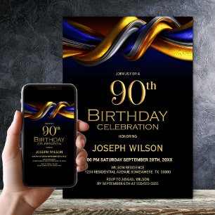 Modern Blue and Gold 90th Birthday Party Invitation
