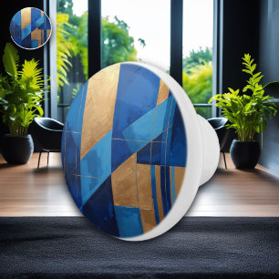 Modern Blue and Gold Abstract Ceramic Knob
