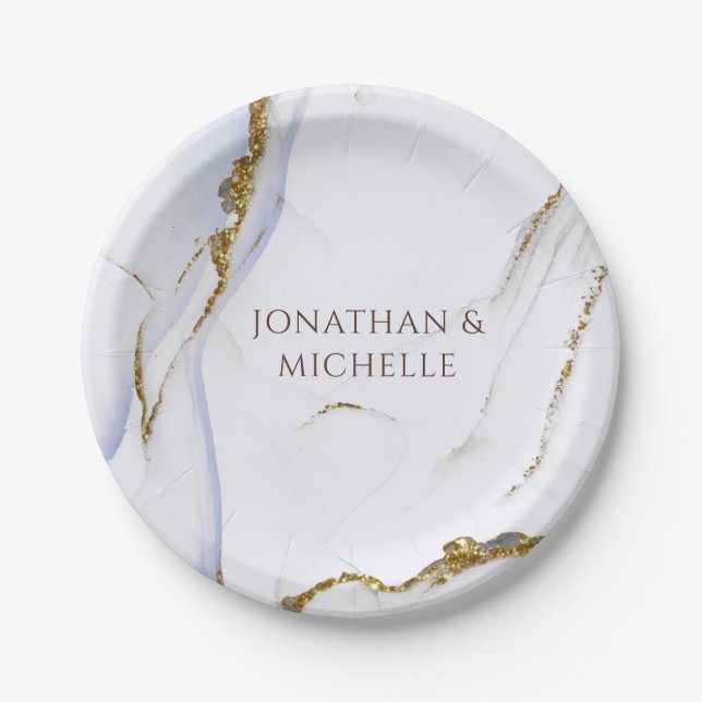 Modern Blue and Gold Abstract Design Wedding  Paper Plate (Front)
