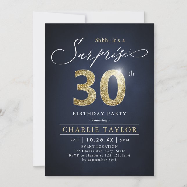 Modern blue and gold adult surprise 30th birthday invitation (Front)