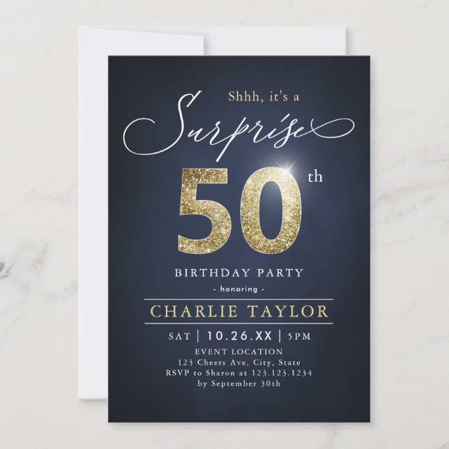 Modern blue and gold adult surprise 50th birthday  invitation (Front)