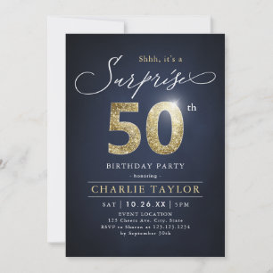 Modern blue and gold adult surprise 50th birthday invitation