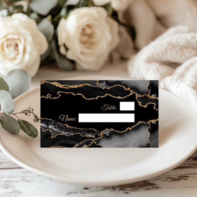 Modern Blue and Gold Agate Marble Place Card (Modern Black and Gold Agate Marble Place Card)